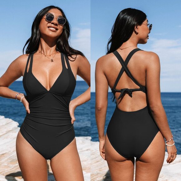 CupShe Black Plunge Paneling Cross Tie Back One Piece Swimsuit - Size XL - NWT - Picture 1 of 9